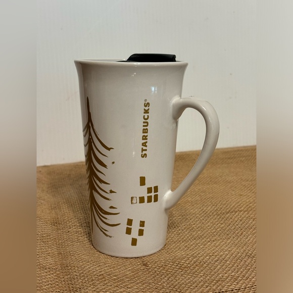 Starbucks | Holiday Gold Tree | Ceramic Travel Tumbler Tall Mug with Lid 2014 - Picture 2 of 14
